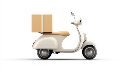 White Scooter with Package on Side Against Minimalist Background