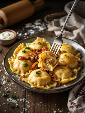 Savor the exquisite taste of homemade dumplings with sour cream and onion garnish