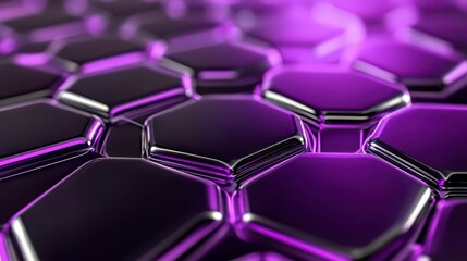 Obraz premium Close up view of a repeating pattern of dark purple hexagon shapes. The hexagons are metallic in appearance and have a glossy texture, with subtle