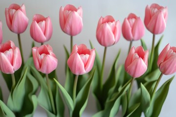 Obraz premium Fresh pink tulips arranged in a decorative vase, perfect for floral arrangements or spring-themed designs
