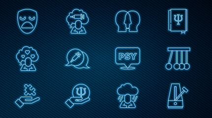 Set line Metronome with pendulum, Pendulum, Bipolar disorder, Addiction to the drug, Broken heart divorce, Drama theatrical mask, Psychology, Psi and icon. Vector