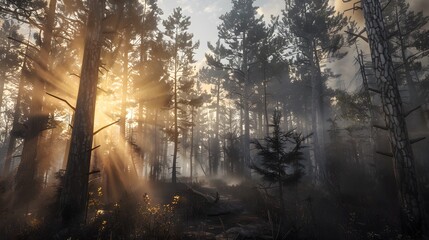 Fototapeta premium Towering pine forest, sunbeams streaming through tall trees, rich earthy tones, moody and serene atmosphere, crisp details of bark and leaves Cinematic Scene