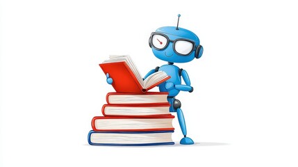 Cute Blue Robot Reading a Book from a Stack of Colorful Literature in a White Background