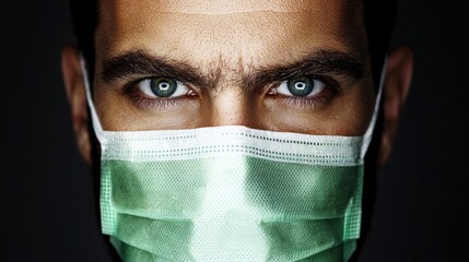 Intense Gaze of a Man Wearing a Surgical Mask with Blue Eyes and Dark Hair, Close-up Portrait, Focus on Facial Features and Emotion