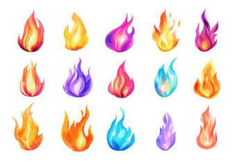Arcane magical elemental flames vector set. Enchanting mystic glowing sorcery fires blazes, witchery burning sparks radiant flares embers, isolated illustrations on white backdrop