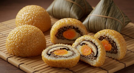 Savory Rice Dumplings with Egg Yolk and Mushroom on Bamboo Mat