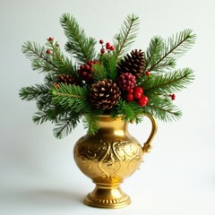 Ornate golden vase filled with pinecones and holly, branches, festive, twigs