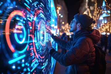 Fototapeta premium mobile business operations. Interactive digital display with a person engaging at night.