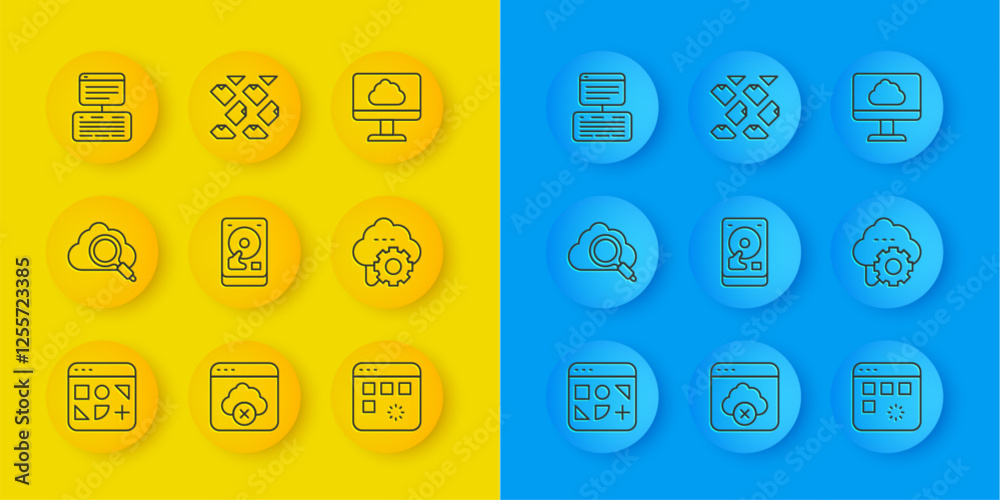 Poster set line different files, search cloud computing, hard disk drive hdd, loading data window, cloud te