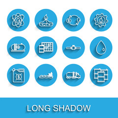 Set line Canister for motor machine oil, Oil tanker ship, Atom, Tanker truck, Barrel, price increase, drop and Industry pipes and valve icon. Vector