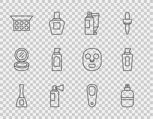 Set line Nail polish bottle, Perfume, Cream or lotion cosmetic tube, Makeup powder with mirror, Spray can for hairspray, Pumice feet and Bottle of shampoo icon. Vector