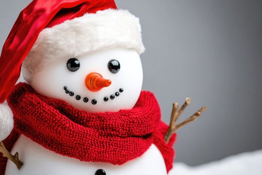 A close-up shot of a snowman wearing a Santa hat, perfect for winter-themed designs