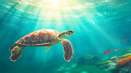Fototapeta premium Sea Turtle Gracefully Swims Through Sunlit Ocean Depths