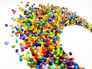 Colorful masterbatch granule, mix color polypropylene polymer granules, cold cutting type granule texture, isolated on white background, for industrial plastic company profile product catalog design