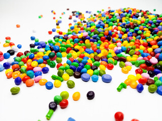 Colorful masterbatch granule, mix color polypropylene polymer granules, cold cutting type granule texture, isolated on white background, for industrial plastic company profile product catalog design