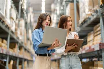 Female engineers team discussing inventory in warehouse logistics and supply chain planning, operation management, data analysis, warehouse shipping, inventory tracking, optimization and technology