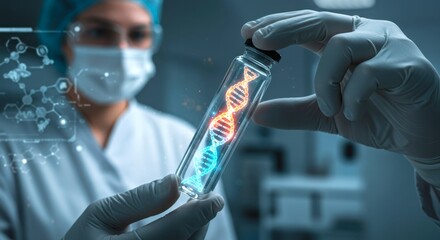 Close up doctor holds vial with glowing DNA double helix structure or molecule. CRISPR gene editing, gene therapy. Treatment of blood cancer and hereditary disease. Genetics innovation. 