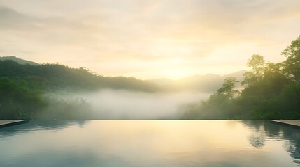 Fototapeta premium A serene sunrise over misty mountains reflects off a tranquil pool, creating a peaceful and scenic atmosphere.