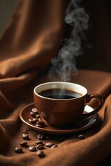 Rich aromas waft from cups of hot coffee on worn brown fabric, beans, coffee bean
