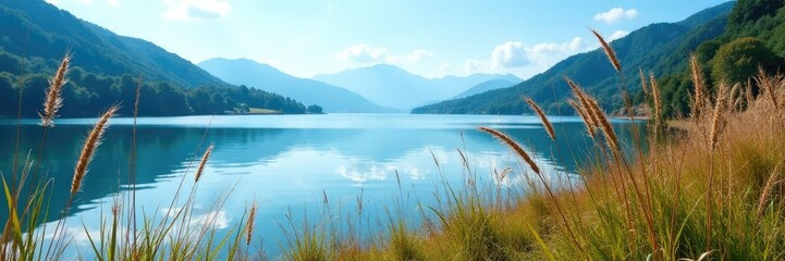 Reed fencing against a serene lake background, blue, scenery, lake