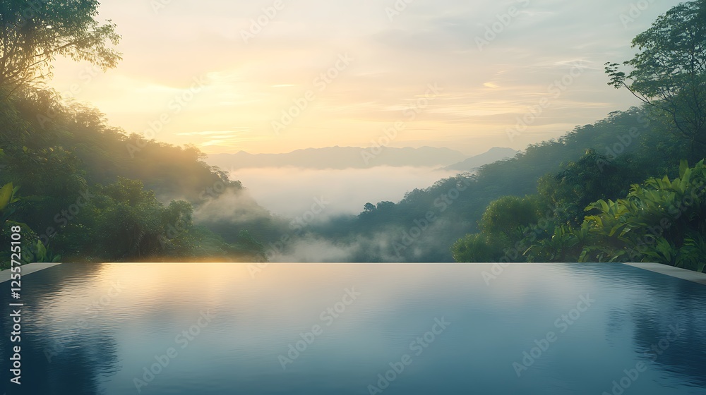 Aufkleber a tranquil view of a serene infinity pool overlooking misty mountains at sunrise, creating a peacefu
