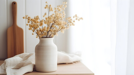 Dried Flowers in White Vase Minimalist Home Decor Natural Light Wooden Table Cozy Interior