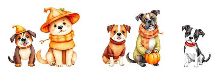 Naklejka premium Adorable Autumn Dogs in Costumes Cute Puppy Illustration