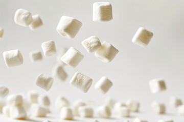 Whispy marshmallows suspended in mid-air on a white surface, perfect for sweet treats or decorative displays