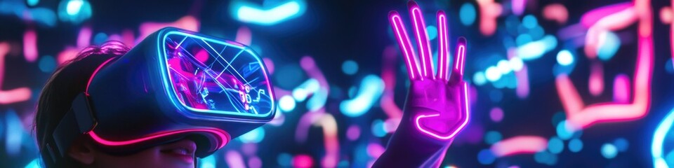Obraz premium A person wearing a virtual reality headset stands in front of vibrant neon lights, ready to immerse themselves in the digital world