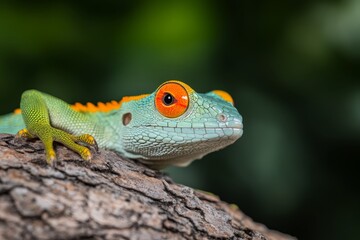Fototapeta premium Colorful lizard resting on tree bark in tropical environment during daylight hours
