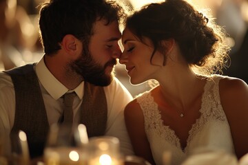 Couple enjoying an intimate moment during a romantic wedding reception at sunset