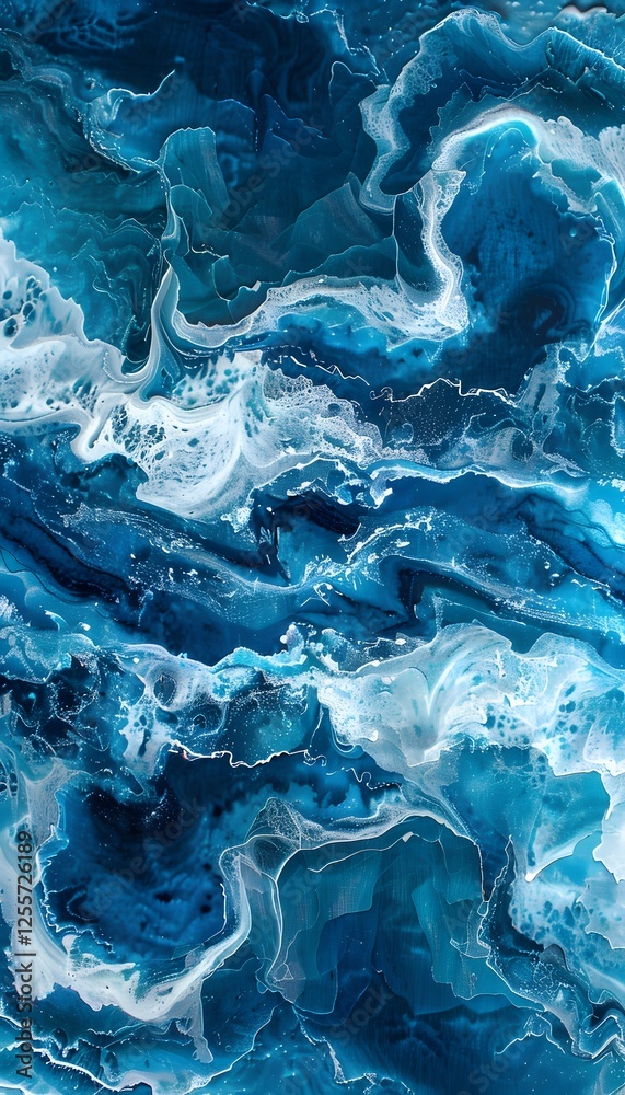 Poster surreal aerial view of ocean waves forming intricate patterns, vibrant blues and whites, high perspe