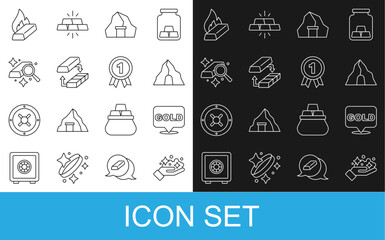 Set line Gold mine, bars, exchange money, Molten gold being poured and Medal icon. Vector
