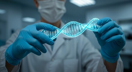 Close up doctor holds neon blue DNA double helix structure or molecule. CRISPR gene editing, gene therapy. Treatment of blood cancer and hereditary disease. Genetics and healthcare innovation. Space.