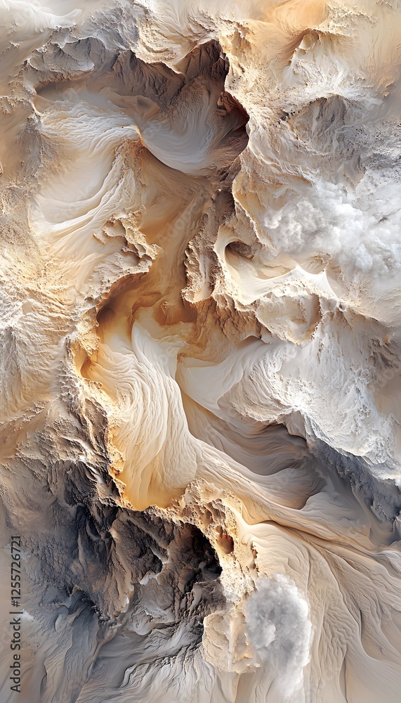 Poster Abstract aerial view of desert dunes with flowing lines, rich orange and beige tones, dynamic patterns, high perspective