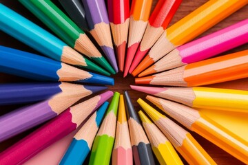 A collection of colored pencils arranged in a rainbow pattern on a wooden desk