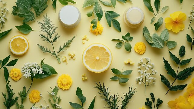 Fresh lemon and herbs on yellow background.