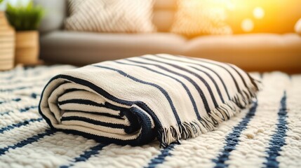 Cozy Folded Striped Blanket on Soft Rug in Warm Living Room Setting