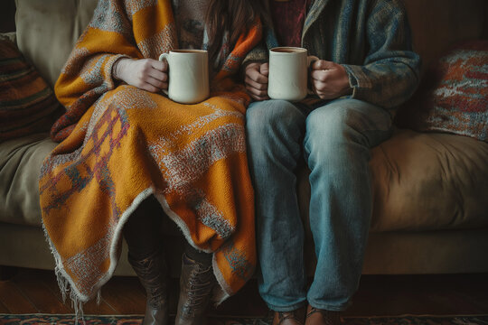 Cozy couple sitting on a couch wrapped in warm blankets, holding mugs of hot coffee in a rustic, autumn-inspired setting with soft lighting and earthy tones