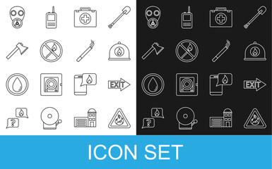 Set line Fire flame in triangle, exit, Firefighter helmet, First aid kit, No fire match, axe, Gas mask and Cigarette icon. Vector