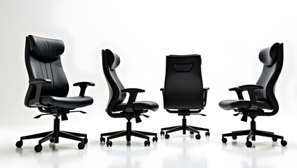 Obraz premium Ergonomic Black Leather Executive Office Chairs Set from Multiple Angles for Corporate Interiors, Workspace Design & Furniture Catalogs (JPG)
