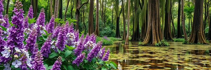 Obraz premium Serene Purple Lilacs Blooming by Tranquil Forest Pond