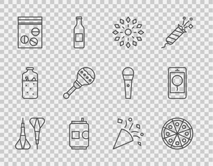 Set line Dart arrow, Pizza, Firework, Beer can, Plastic bag of drug, Maracas, Festive confetti and Mobile with birthday message icon. Vector