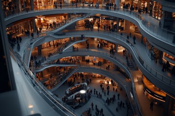 Busy shopping center with multiple levels bustling with customers during evening hours