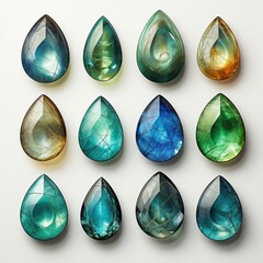 Collection of detailed watercolor labradorite gems for artistic design and creative inspiration