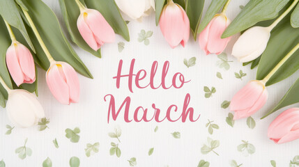 Pink tulips and bokeh light background with hello march text for spring