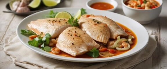 Steamed tilapia on a plate with tom yum sauce, coconut milk, restaurant meal