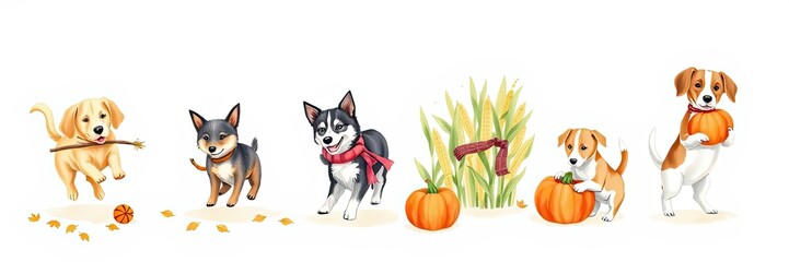 Adorable Fall Dogs with Pumpkins Corn Autumn Pet Illustration
