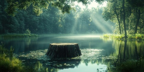 Fototapeta premium Serene Forest Lake with Sunbeams and Tree Stump