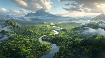 Aerial view of a winding river cutting through dense tropical rainforest, vibrant green canopy, sunlit patches, dynamic textures, serene and expansive atmosphere
